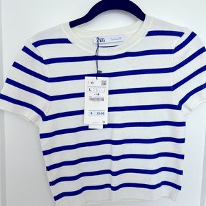 NWT | Zara | Size L | Knit Sweater | Short Sleeve| Blue and White Striped